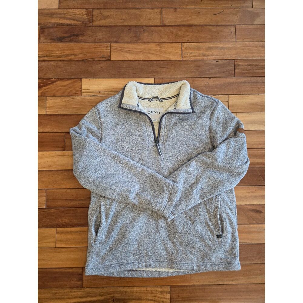 Orvis Men's L Gray Quarter Zip Fleece Pullover Front Pockets Logo Sherpa Lining